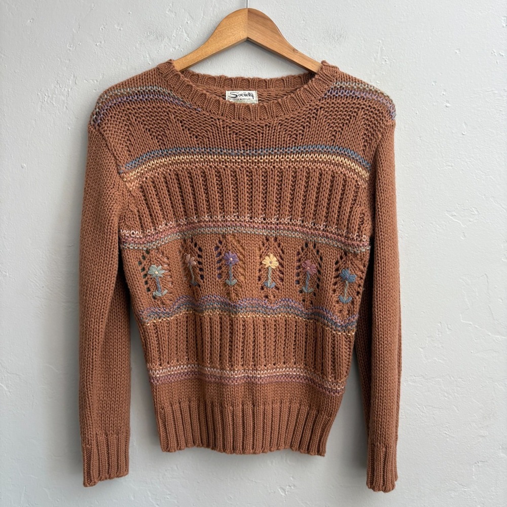 Society Vintage Knit Sweater Women Size Small Brown Floral Pullover